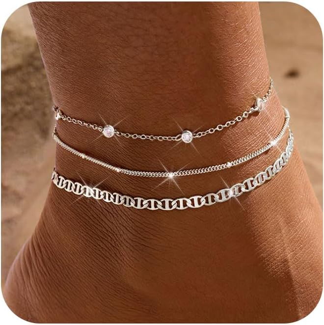 MFRYK Gold Ankle Bracelets for women,14k Gold/Silver Plated Waterproof Layered lightweight Cuban Link Figaro Chain Heart anklet butterfly anklet Pearl Ankle Bracelets Set Gold Anklets for women Trendy Jewelry Gift for Women - Image 1